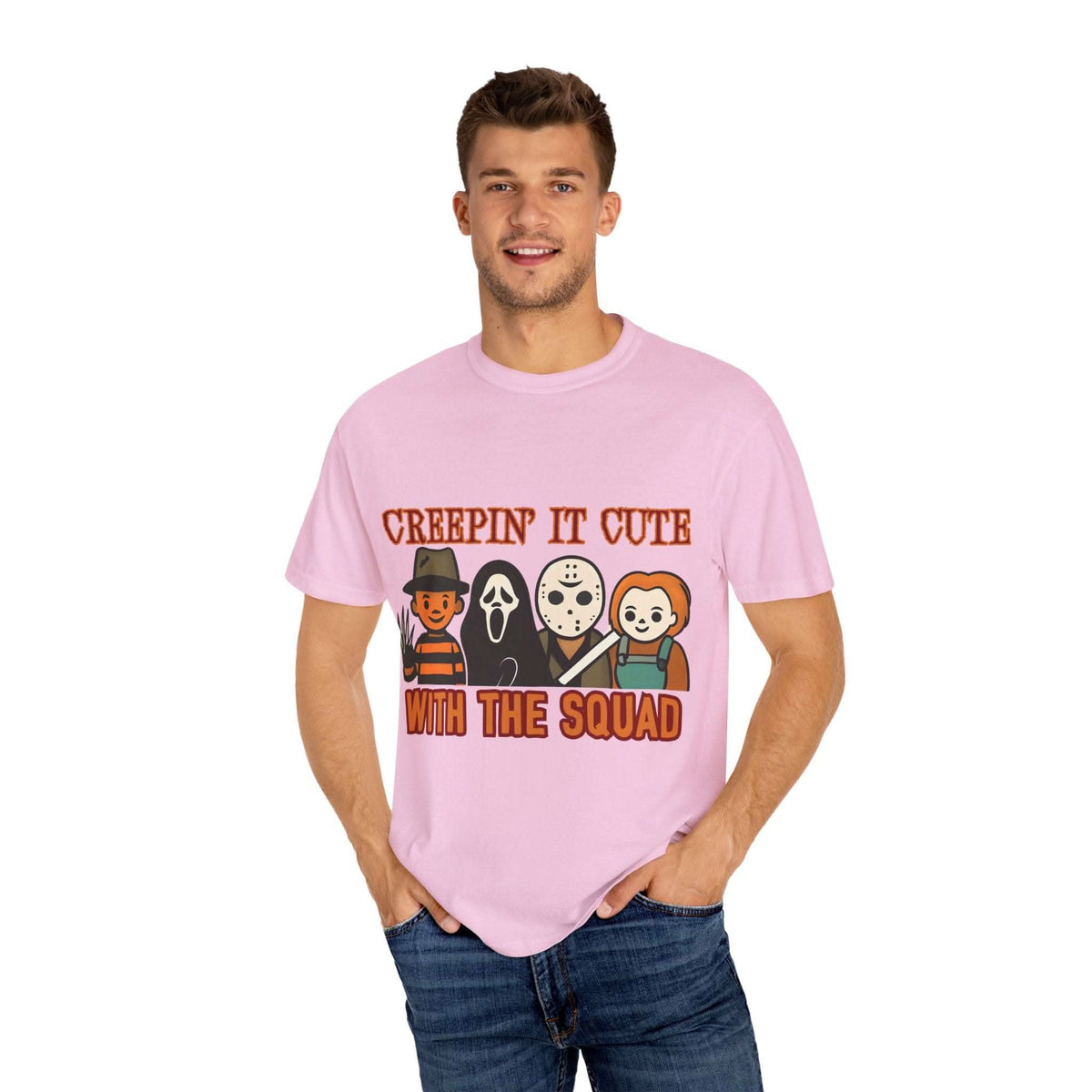 T-shirt with Halloween characters and “Creepin’ It Cute” lettering