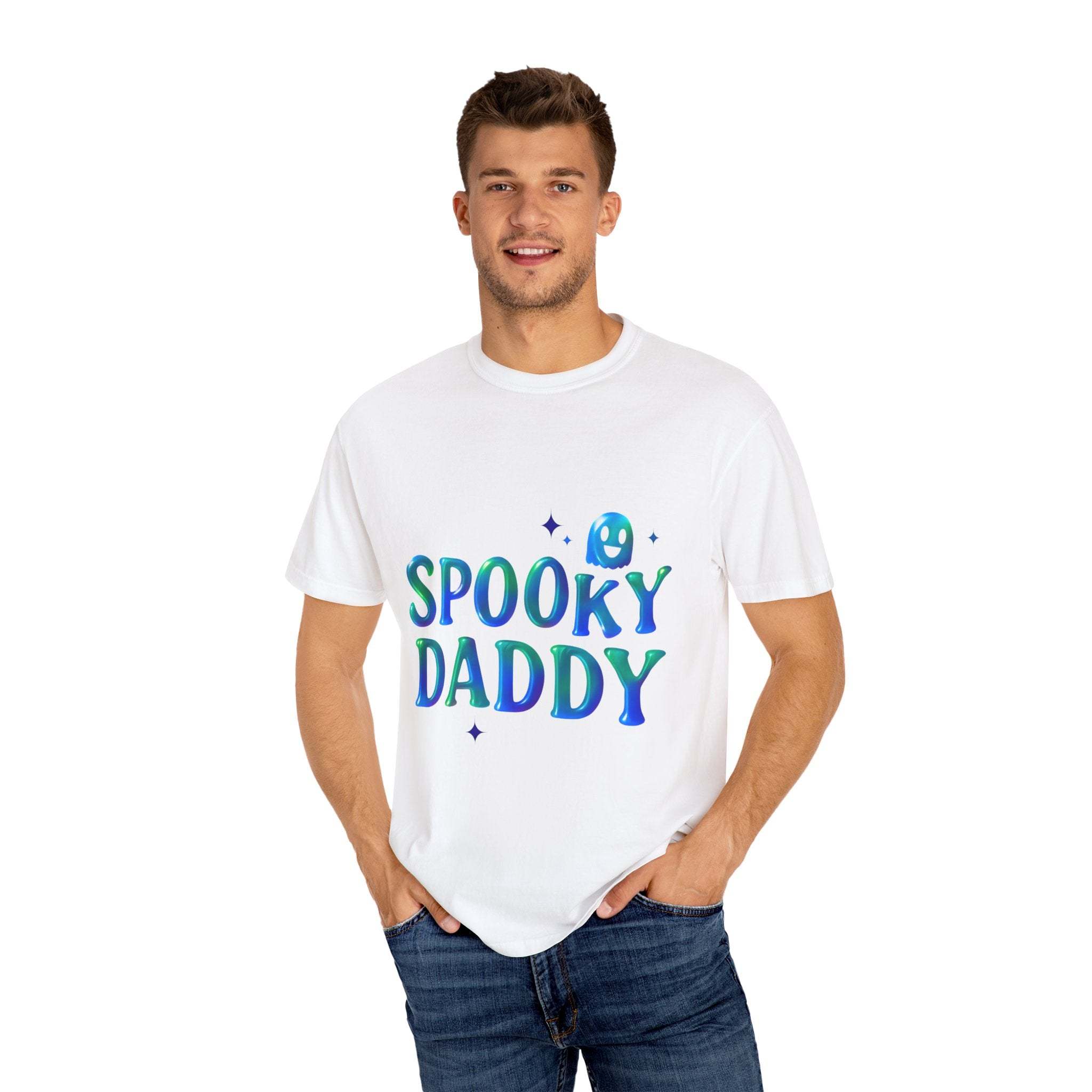 Man wearing white "Spooky Daddy" Halloween-themed T-shirt with blue and green lettering and ghost design