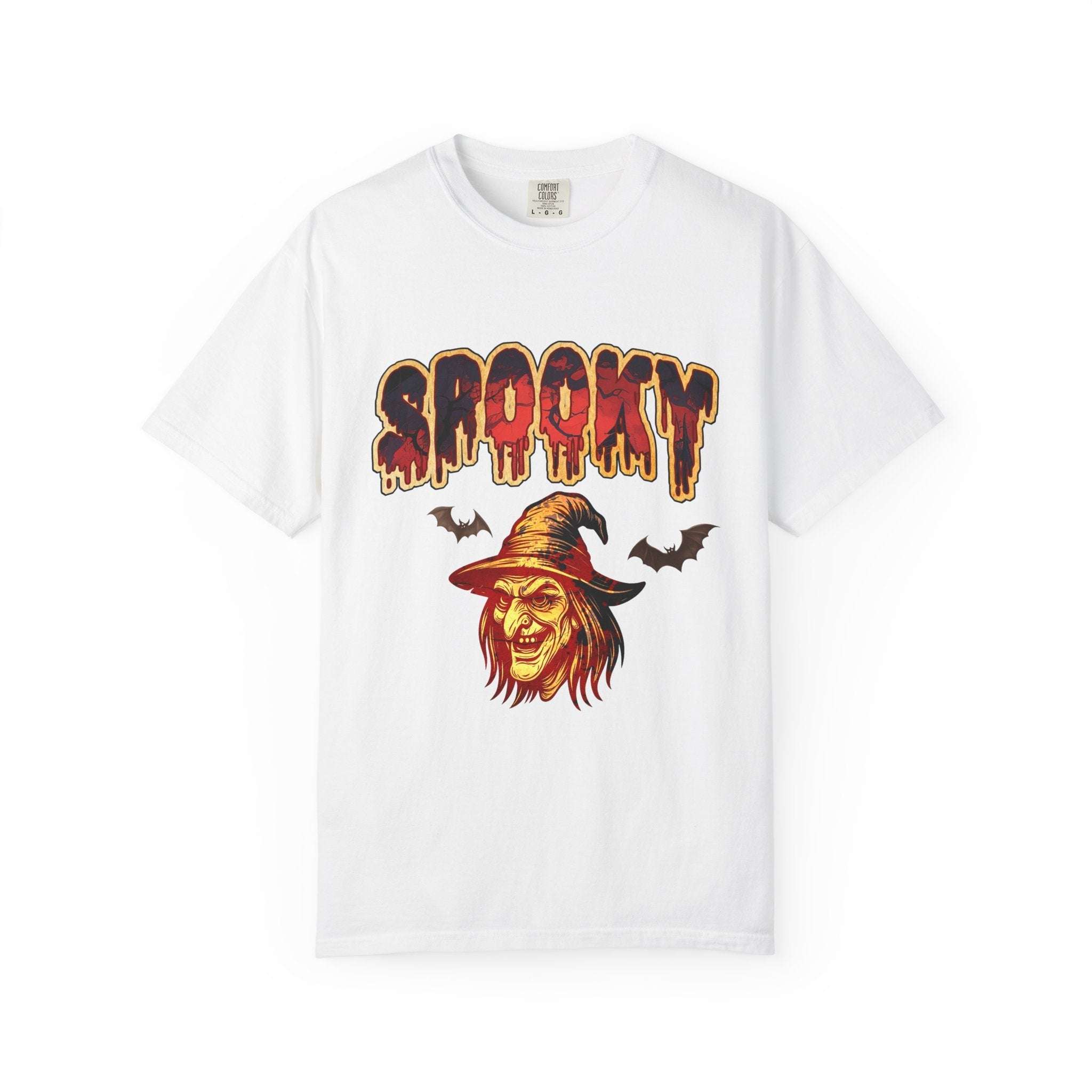White Halloween t-shirt with spooky witch graphic and bats design