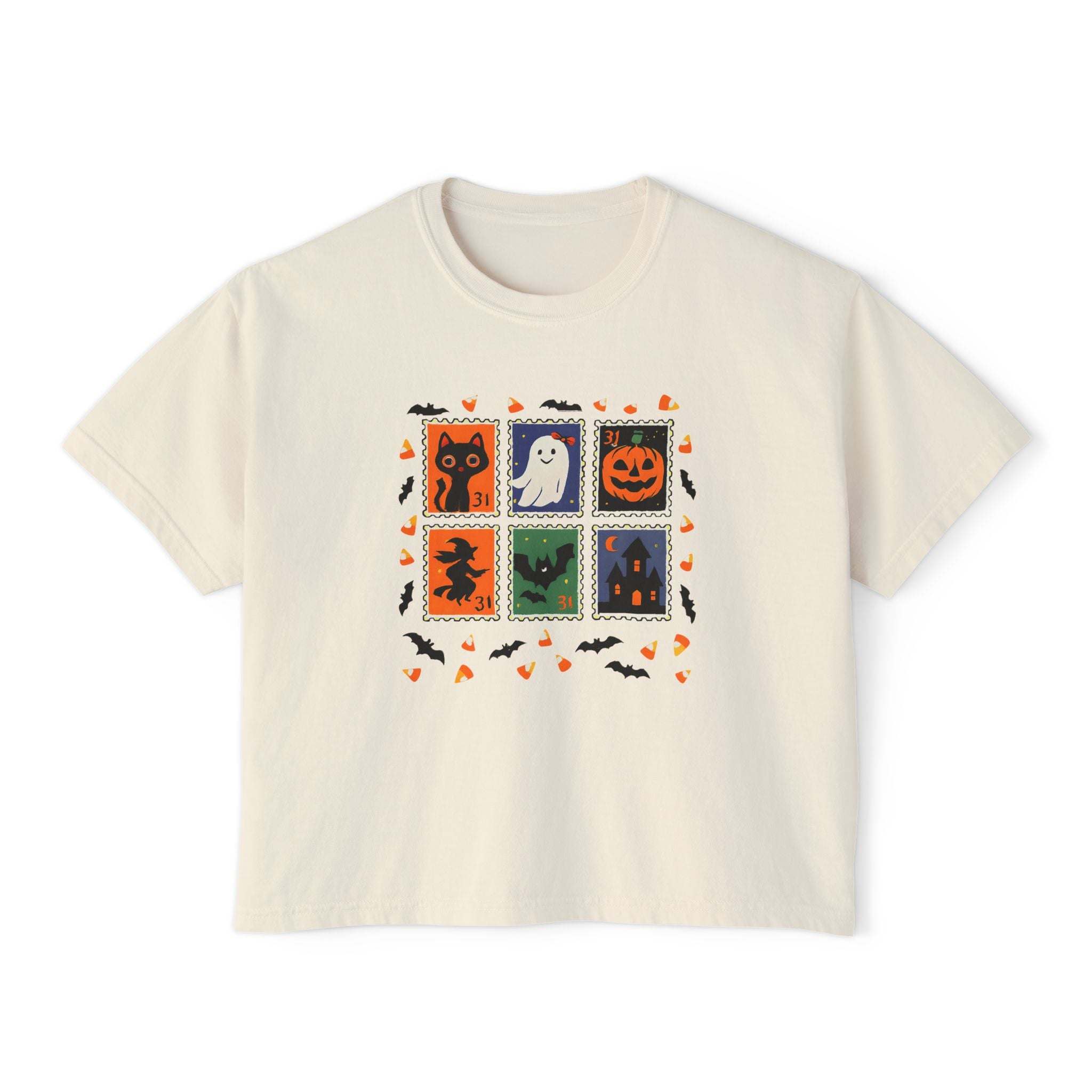Retro Halloween boxy tee shirt with ghost, pumpkin, and witch stamp designs on cream cotton fabric