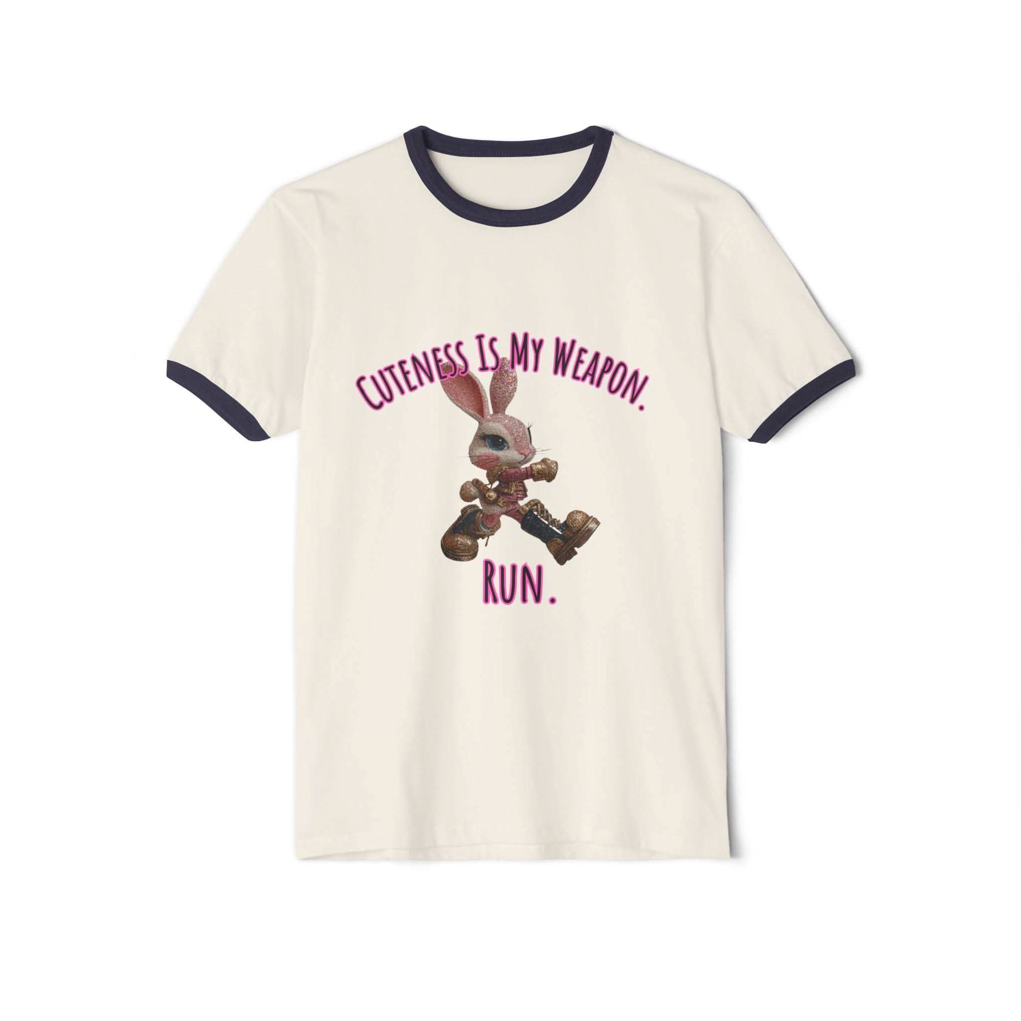 Cuteness Is My Weapon Run Bratcore Ringer T-Shirt with bold graphic and contrasting trim