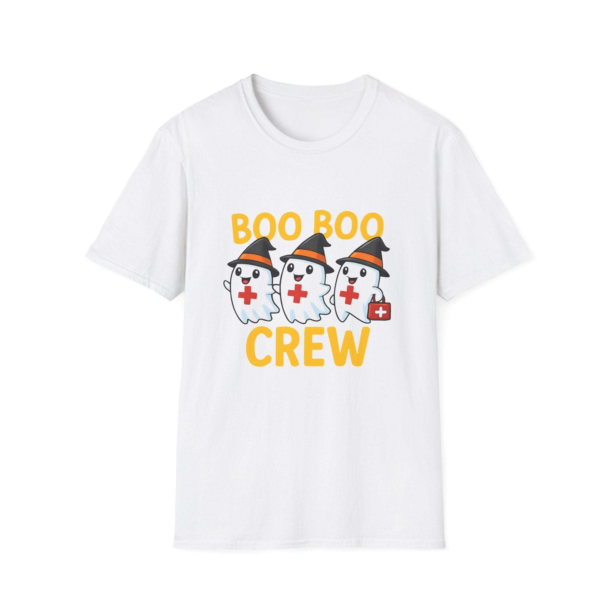 White nurse Halloween t-shirt with "Boo Boo Crew" text and ghost nurse characters wearing witch hats and medical accessories