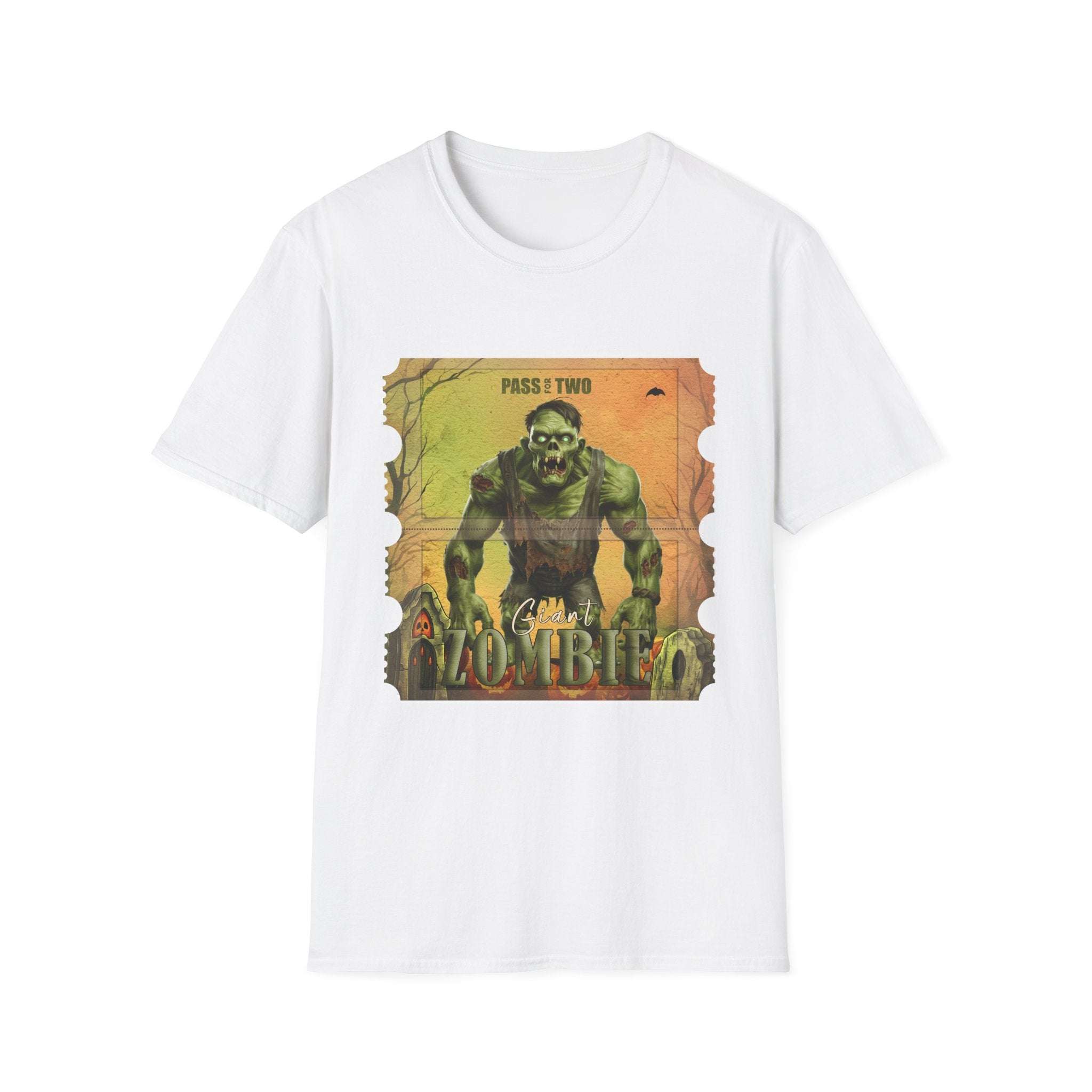 White unisex t-shirt with vintage giant zombie Halloween movie ticket graphic design