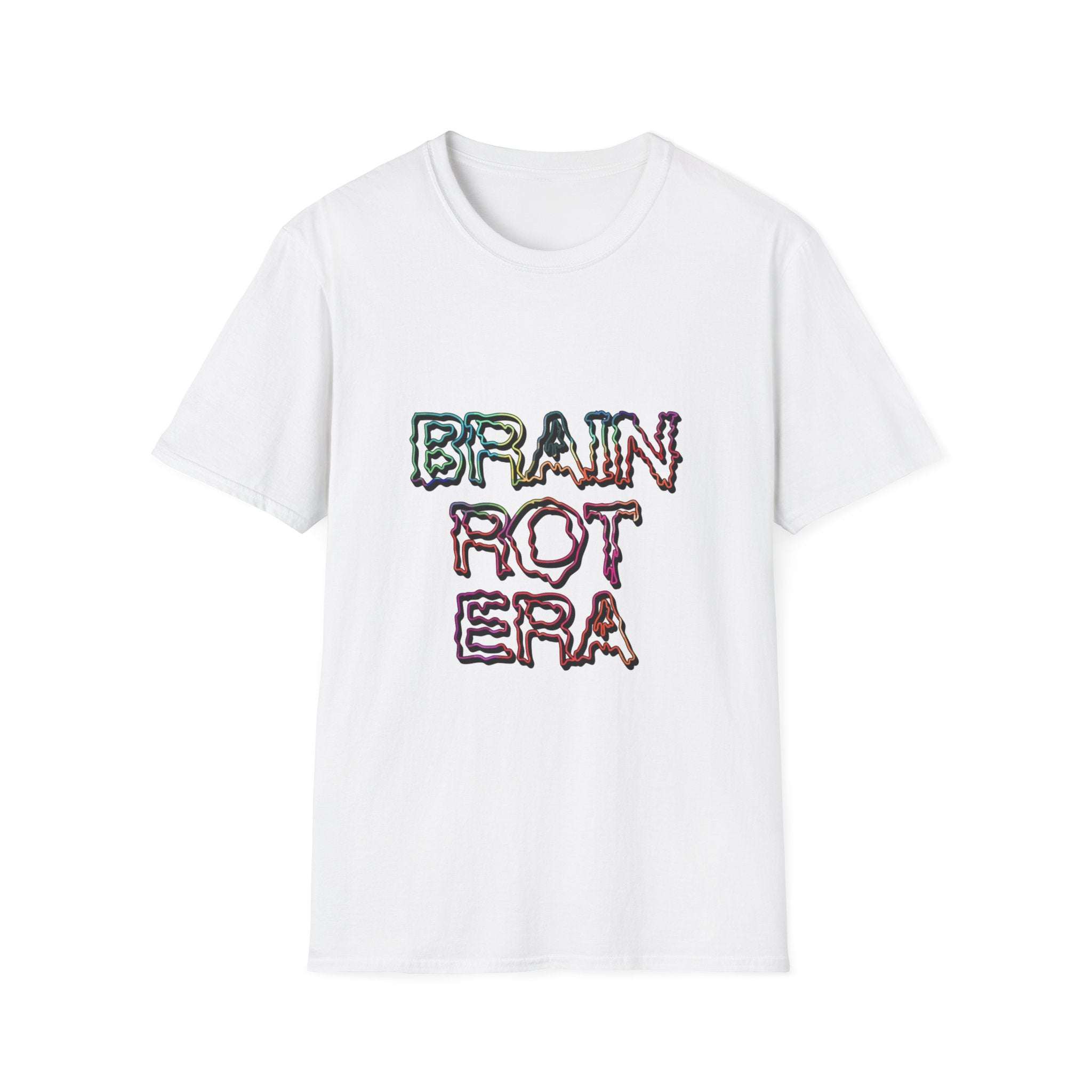 White vintage Brain Rot Era T-shirt with colorful wavy text design, classic fit, and crew neckline