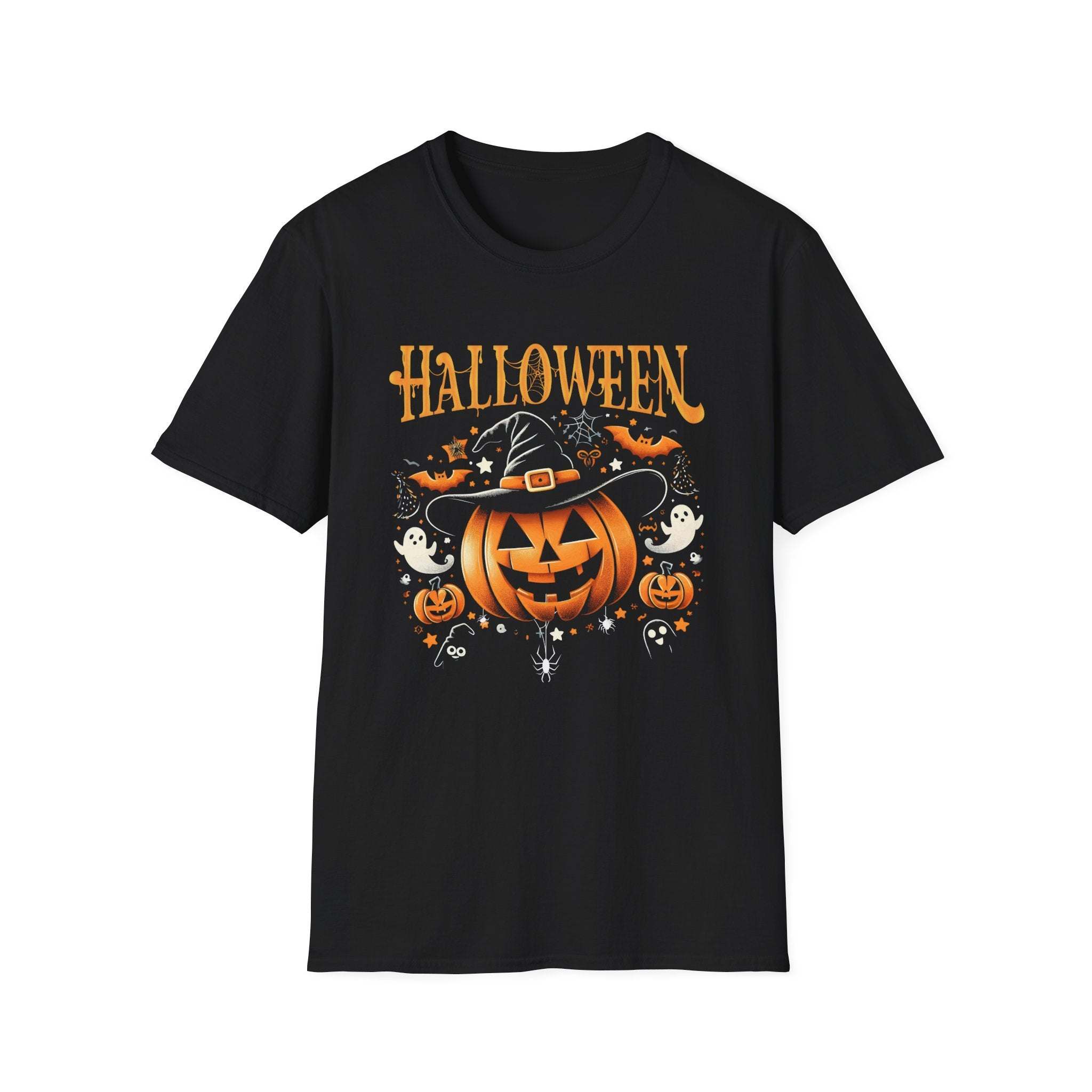Black Halloween witch T-shirt with pumpkin, bats, ghosts, and festive design