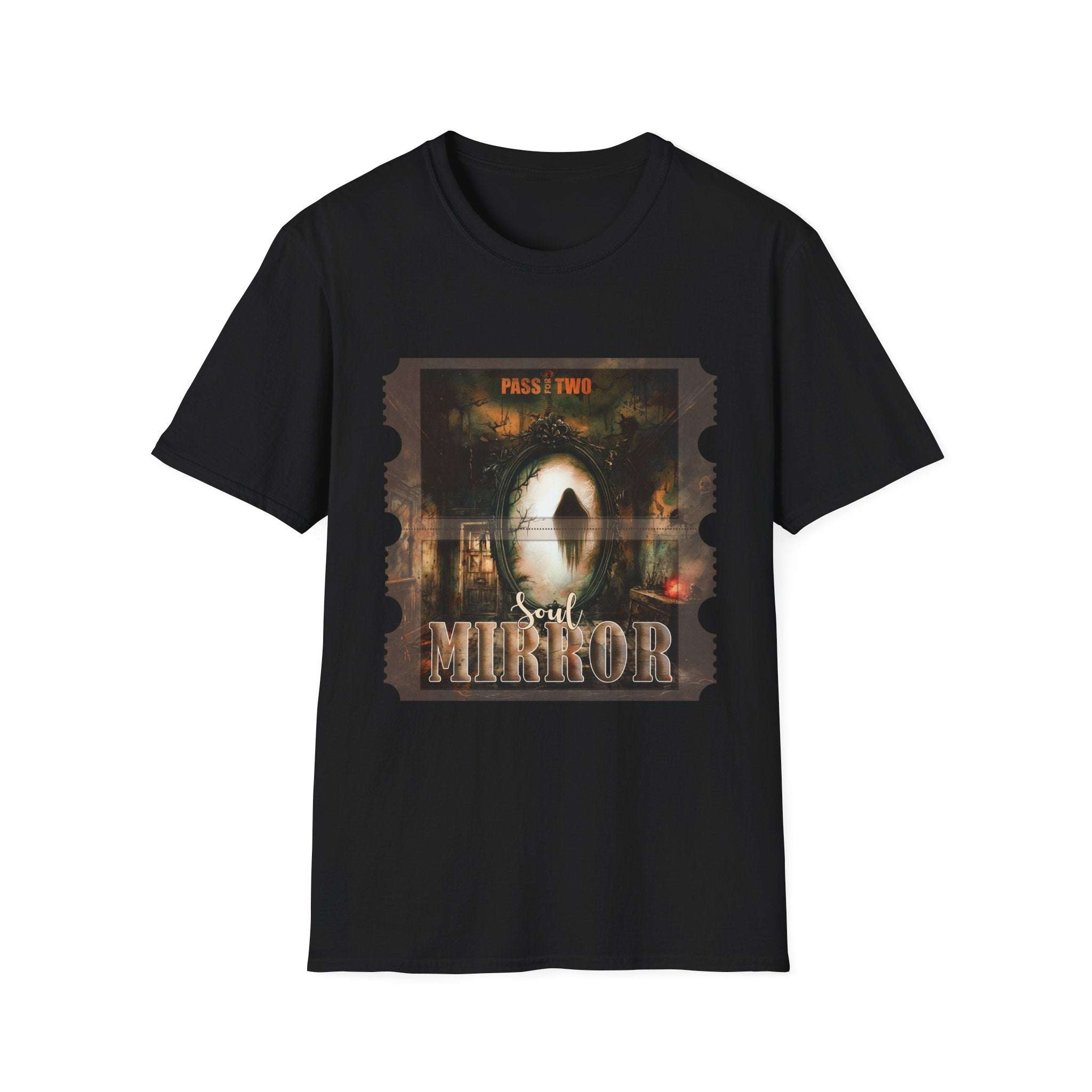 Black Soul Mirror Halloween movie ticket graphic T-shirt with spooky design