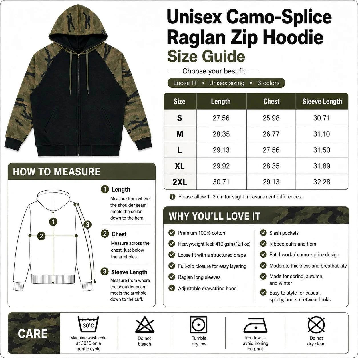 A size guide and fit chart for a Unisex Camo-Splice Raglan Zip Hoodie, showing a large hooded sweatshirt illustration, a measurement table for S through 2XL, and care instructions on a white background.