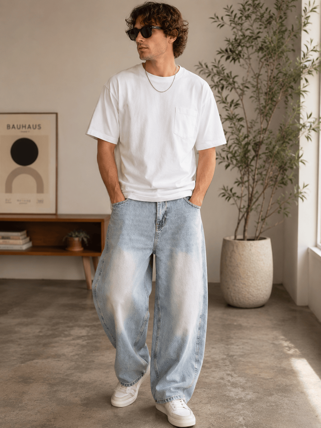 Men's vintage wash Sunfade barrel leg jeans with relaxed fit and frayed details