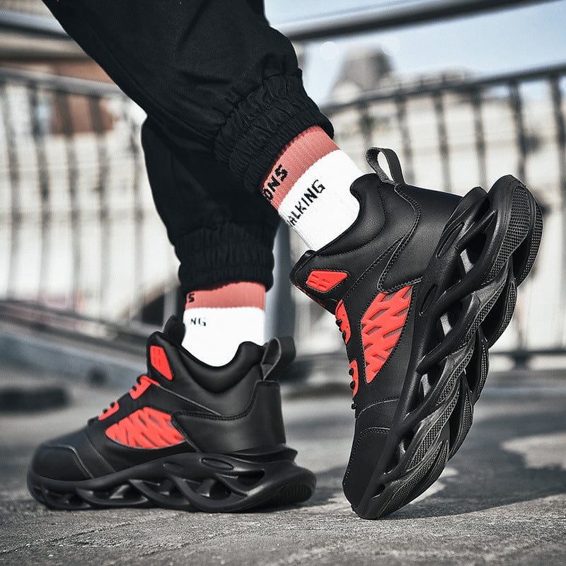 Black and red trendy camouflage sports shoes with unique blade sole design and front tie closure for men