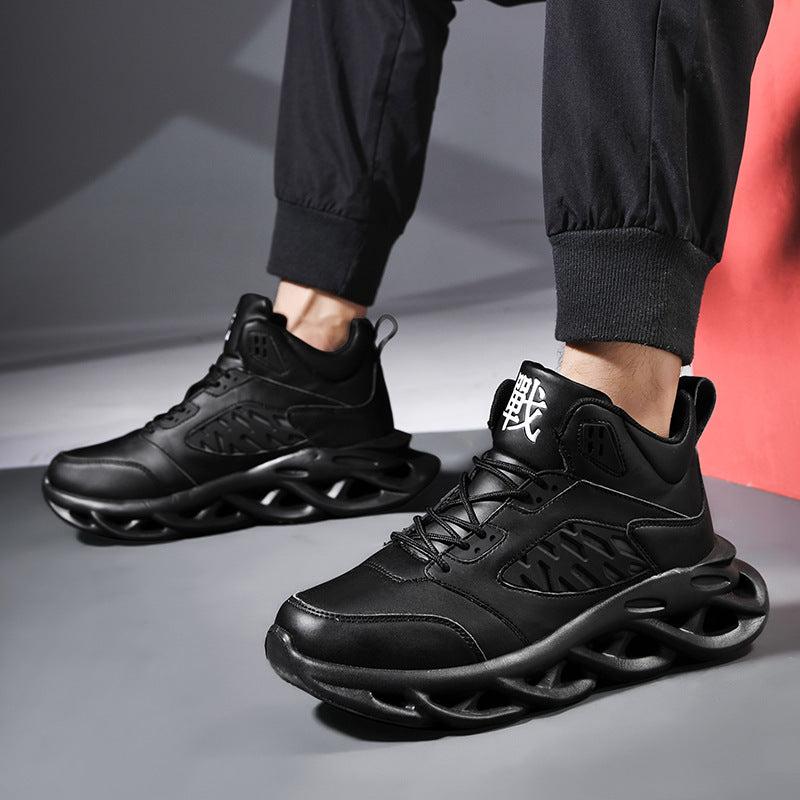 Black trendy camouflage sports and leisure blade old men's shoes with round toe and front tie lace-up design.
