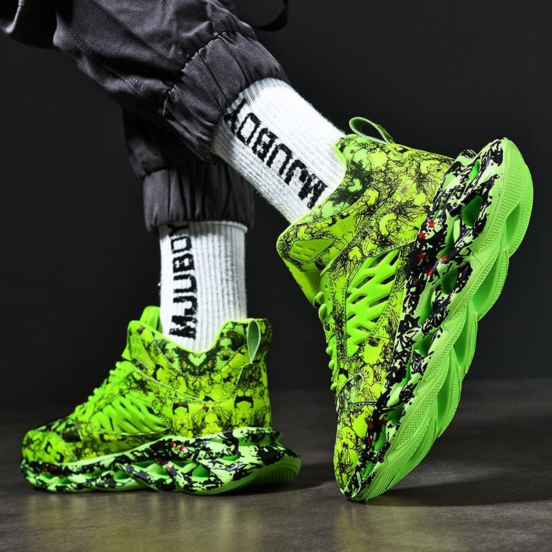 Trendy camouflage sports shoes for men with bright green mesh upper and durable rubber sole