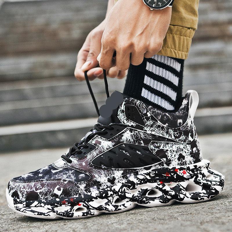 trendy camouflage sports men's low heel breathable mesh sneakers with round toe and flat rubber sole