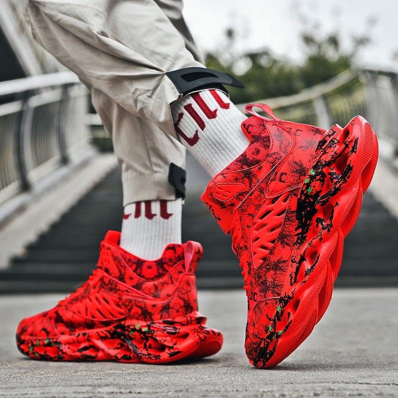 Red trendy camouflage sports and leisure shoes with round toe and flat rubber sole for men