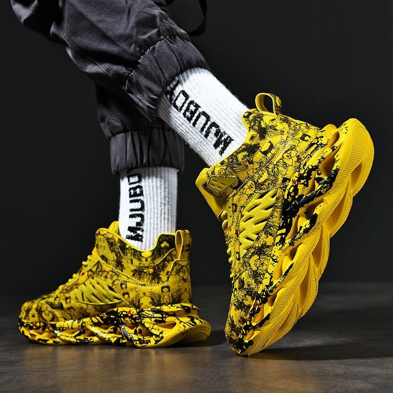 Yellow trendy camouflage sports sneakers for men with round toe and low flat heel