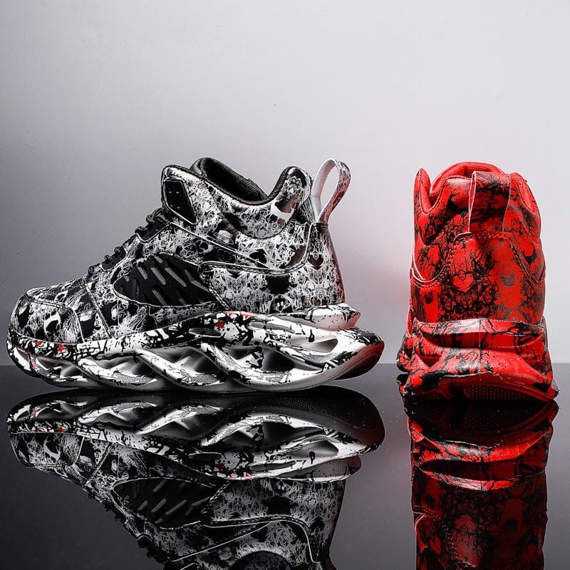 Trendy camouflage sports shoes with round toe, low flat heel, mesh inside, rubber sole, and front tie closure for men.