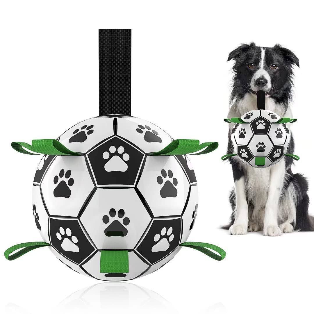 Interactive dog football toy soccer ball with paw prints and nylon tabs for outdoor play