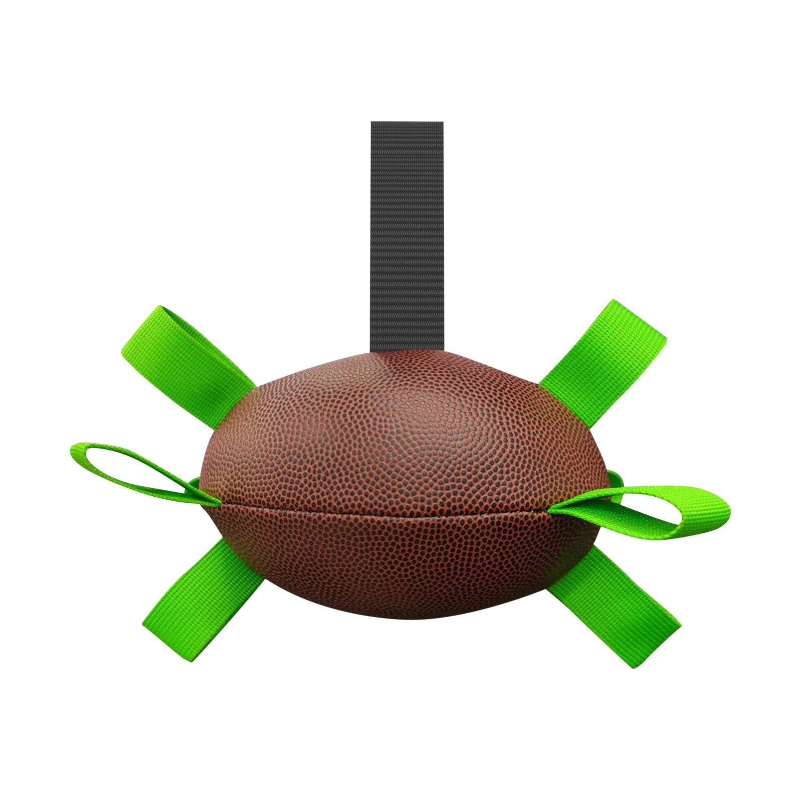 Interactive dog football toy with green nylon tabs for fetch and training, suitable for large dogs.