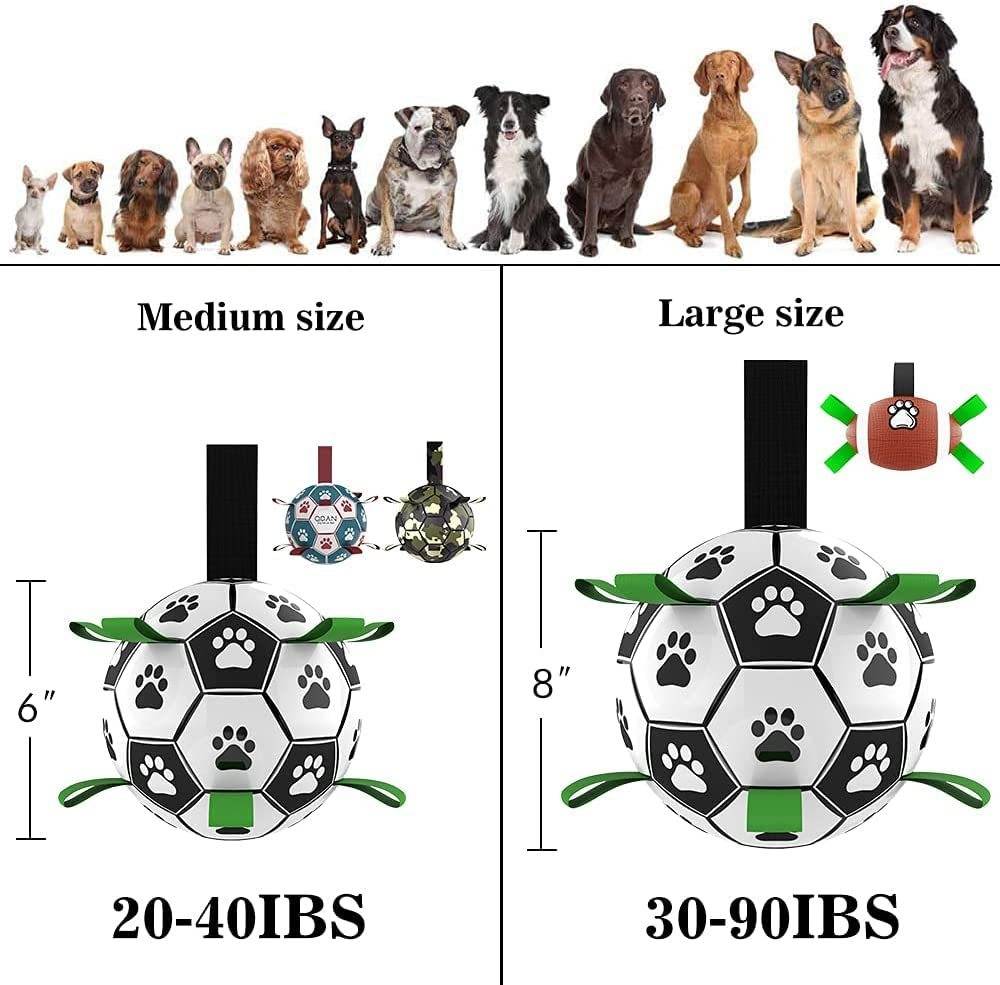 Interactive Dog Football Toy in medium and large sizes with paw print design for active play and training for medium to large dogs.