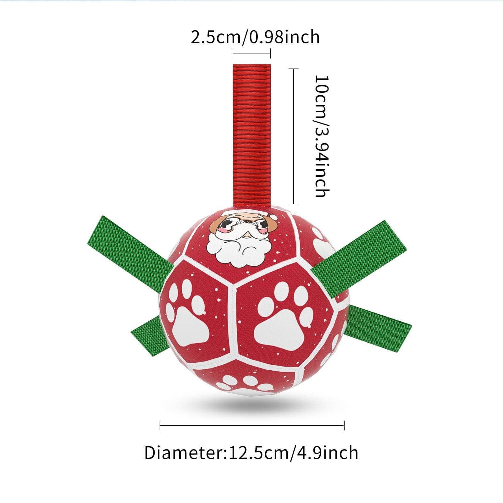 Red interactive dog football toy with paw prints and Santa Claus design, nylon tabs for grip, 12.5cm diameter, 10cm strap length.