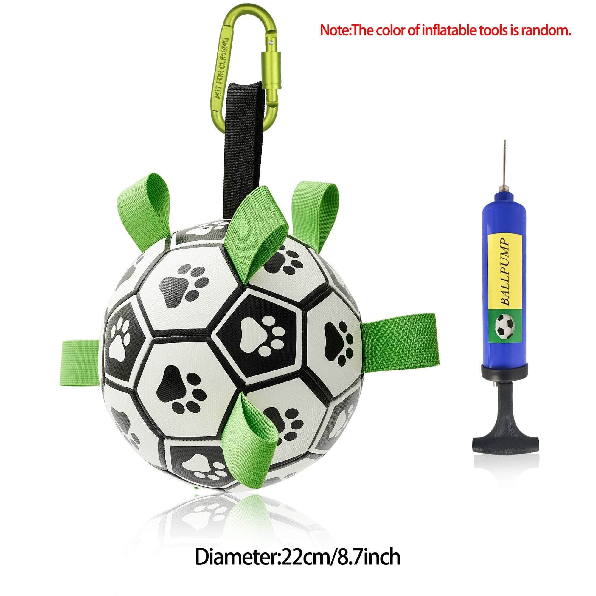 Interactive dog football toy with nylon tabs and paw print design, includes pump for inflation, perfect for large dogs outdoor play.