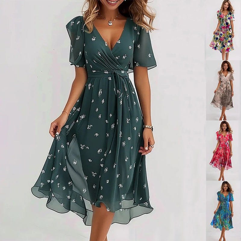 Woman wearing elegant green chiffon printed short sleeve V-neck mid-length dress with floral pattern and waist tie belt