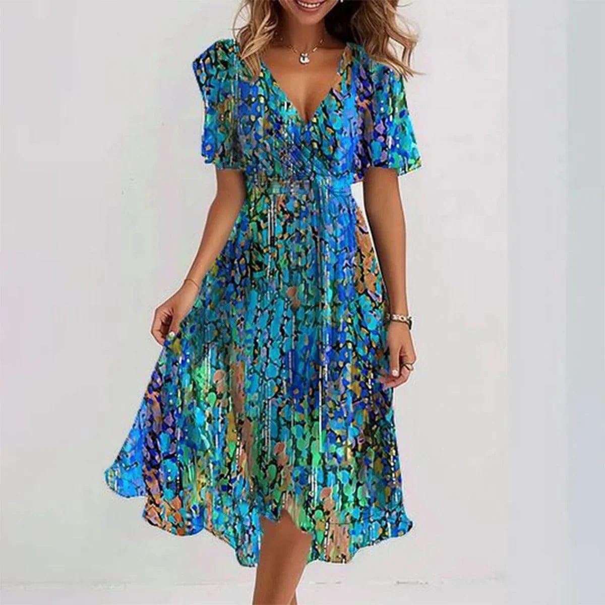Women’s chiffon printed short sleeve summer dress with V-neck and mid-length skirt in vibrant multicolor pattern