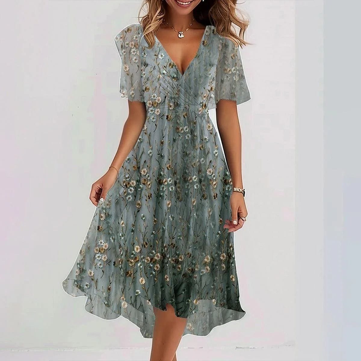 Elegant chiffon printed short sleeve V-neck summer dress for women with floral design and mid-length skirt