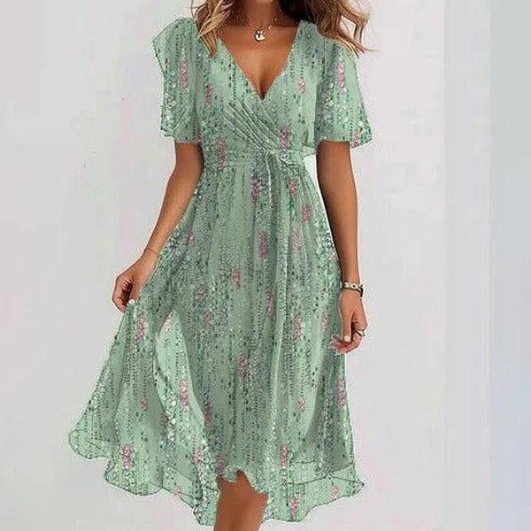 Women’s elegant chiffon printed short sleeve dress with V-neck and mid-length skirt in green floral pattern