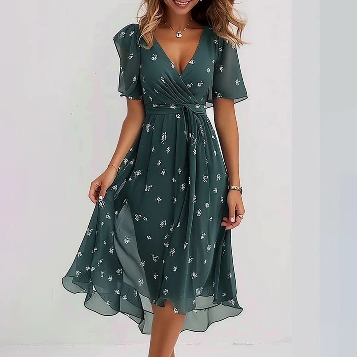 Green chiffon printed short sleeve dress with V-neck and mid-length skirt for women