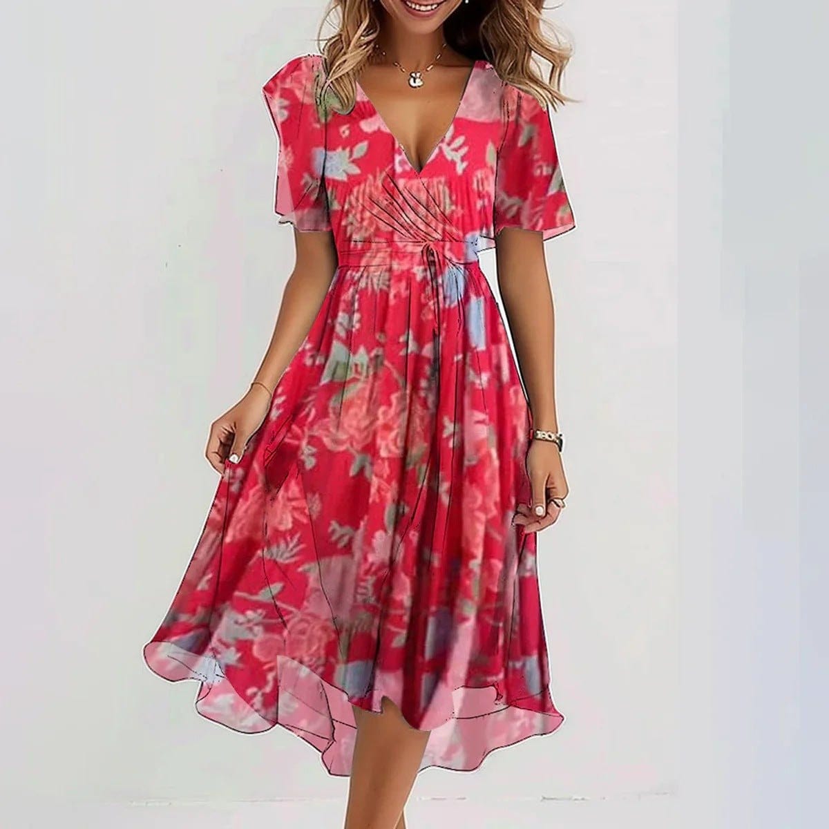 Red chiffon printed short sleeve V-neck mid-length summer dress for women