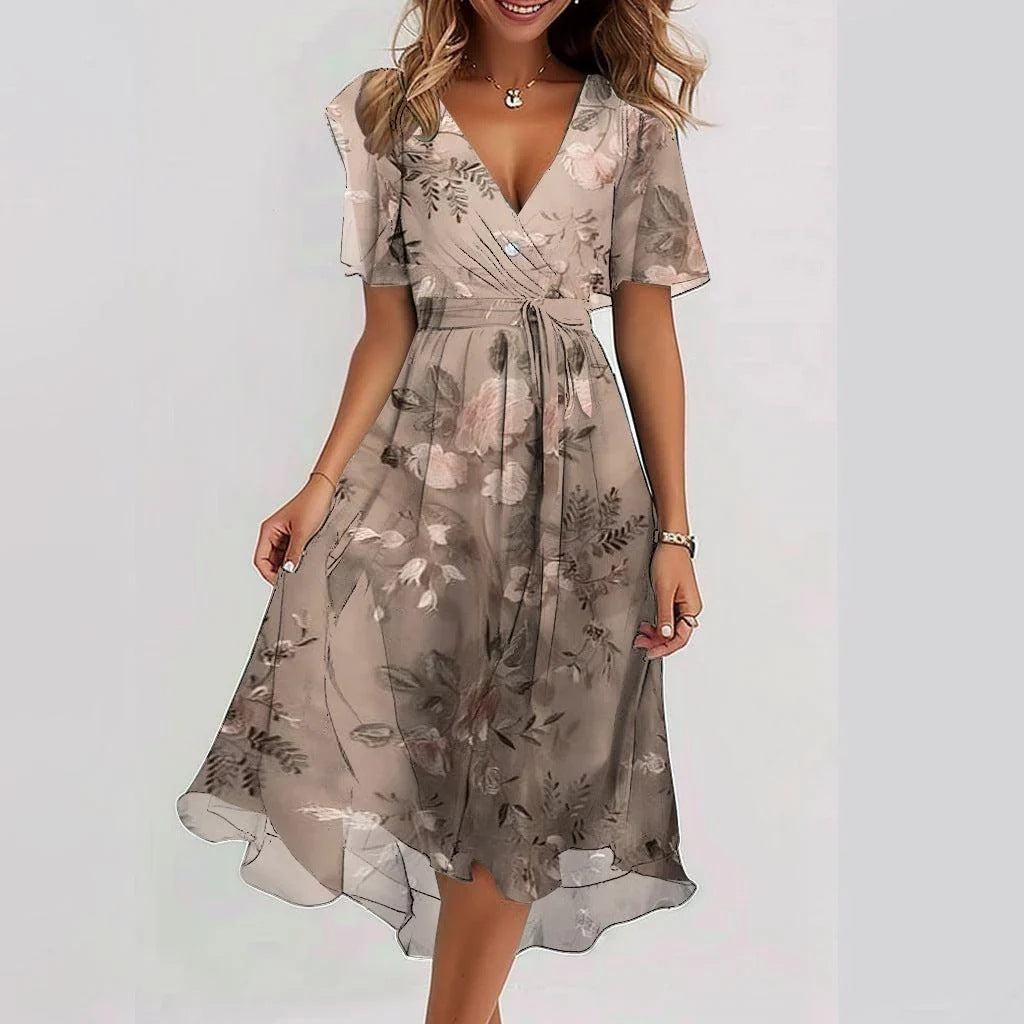 Elegant chiffon printed short sleeve V-neck mid-length summer dress for women
