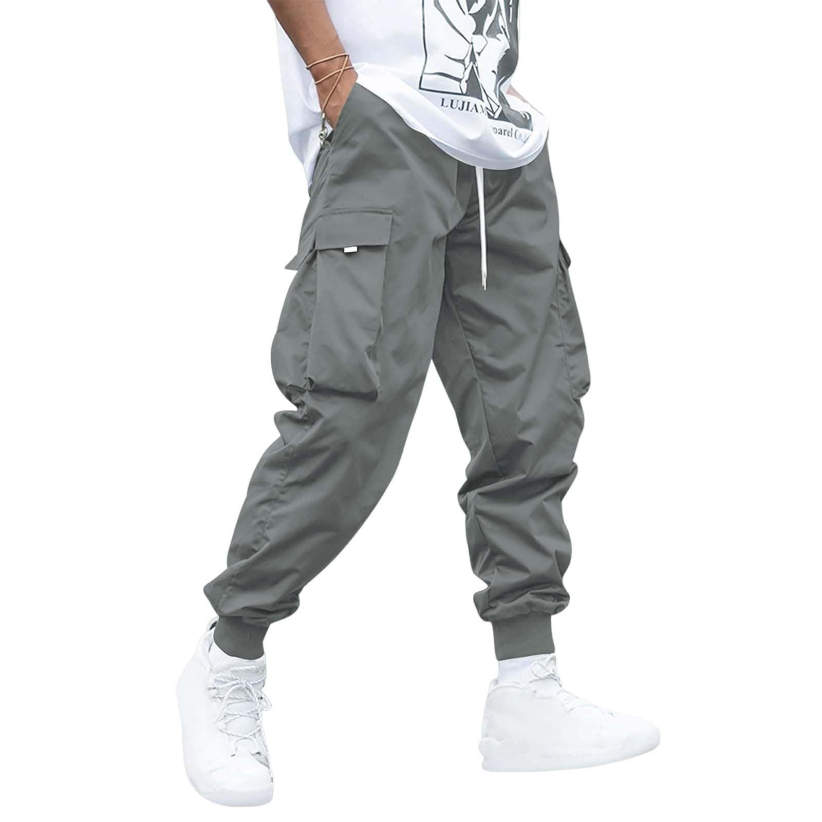 Men's gray multi-pocket cargo pants with drawstring waist and ankle cuffs, casual hip-hop style outdoor streetwear.