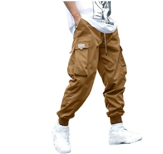 Men's casual hip-hop style brown multi-pocket cargo pants with drawstring waist and elastic cuffs, suitable for outdoor and streetwear sports.