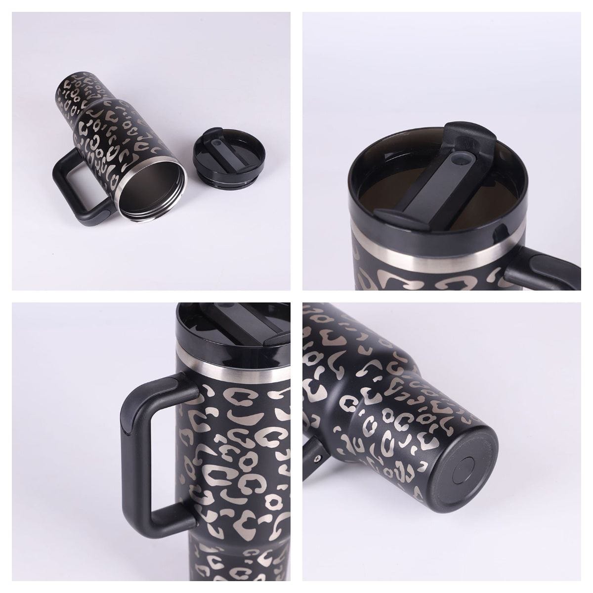 40oz insulated stainless steel tumbler with leopard print design, spill-proof lid, and black handle for hot and cold beverages