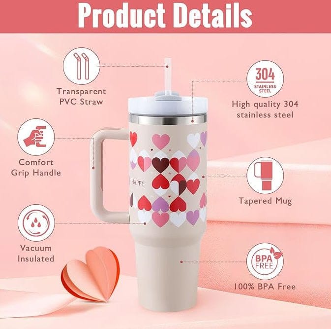 40oz insulated tumbler with handle, heart-patterned stainless steel vacuum mug with lid and straw, BPA-free spill-proof design