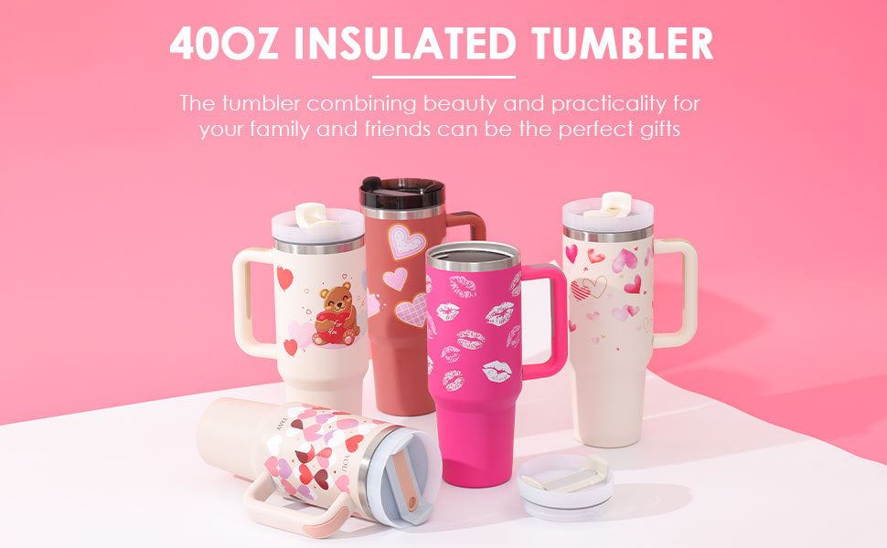 40oz insulated tumbler collection with Valentine-themed designs, spill-proof lids, and stainless steel handles on a pink background