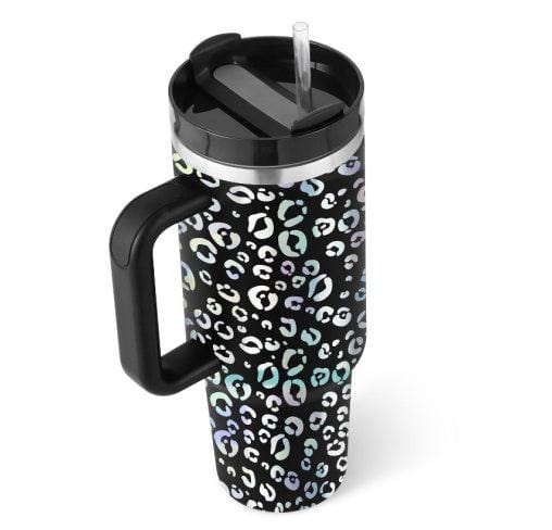 40oz insulated stainless steel tumbler with handle, spill-proof lid, straw, and black iridescent leopard print design