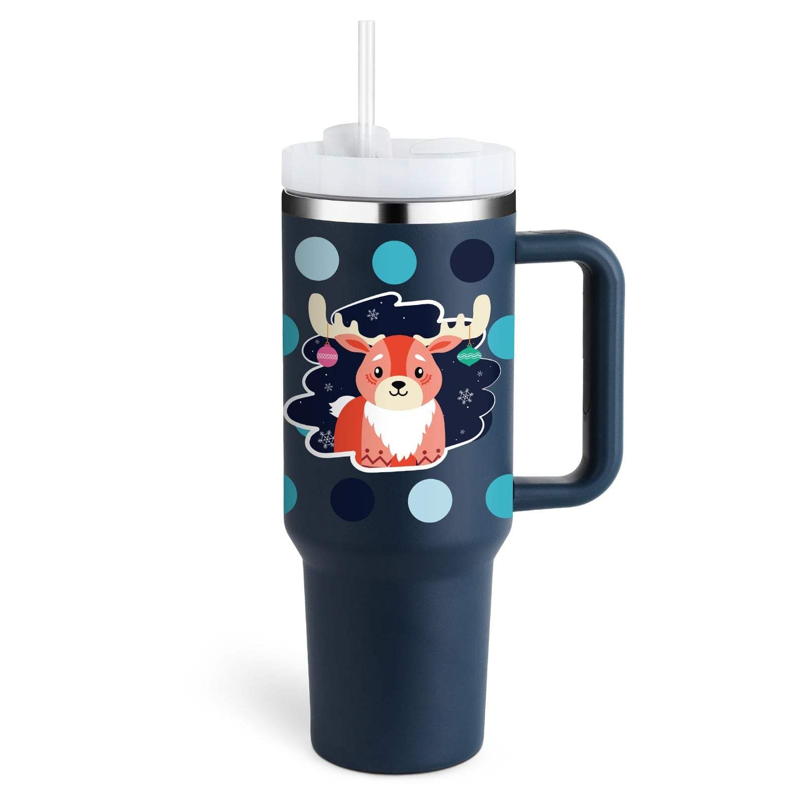 40oz insulated stainless steel tumbler with handle and straw featuring a cartoon reindeer design, spill-proof lid, and vacuum insulation for hot and cold drinks.