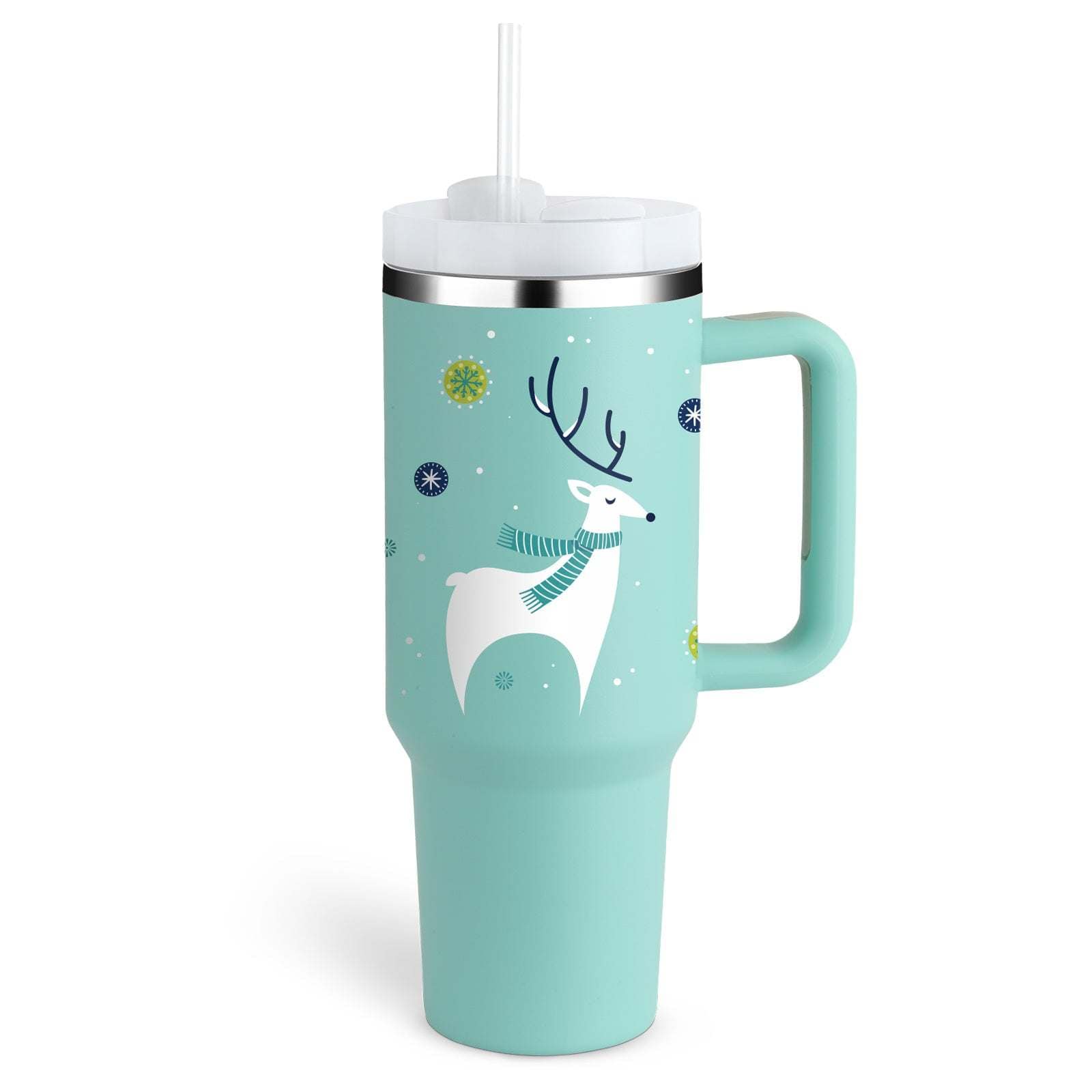 40oz insulated tumbler with handle and lid, stainless steel spill-proof vacuum cup featuring a festive reindeer design on mint green background