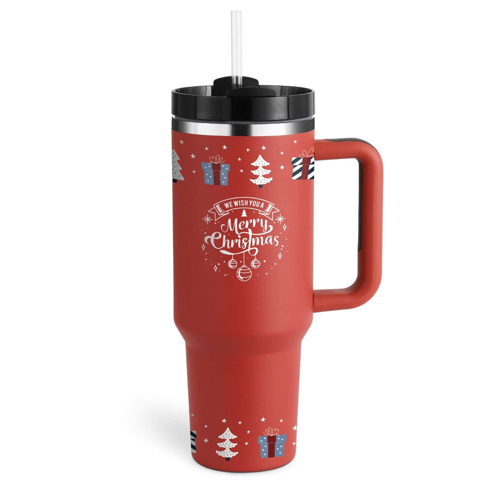 40oz insulated stainless steel tumbler with handle, straw, spill-proof lid, red Christmas design, vacuum coffee cup for travel and office use