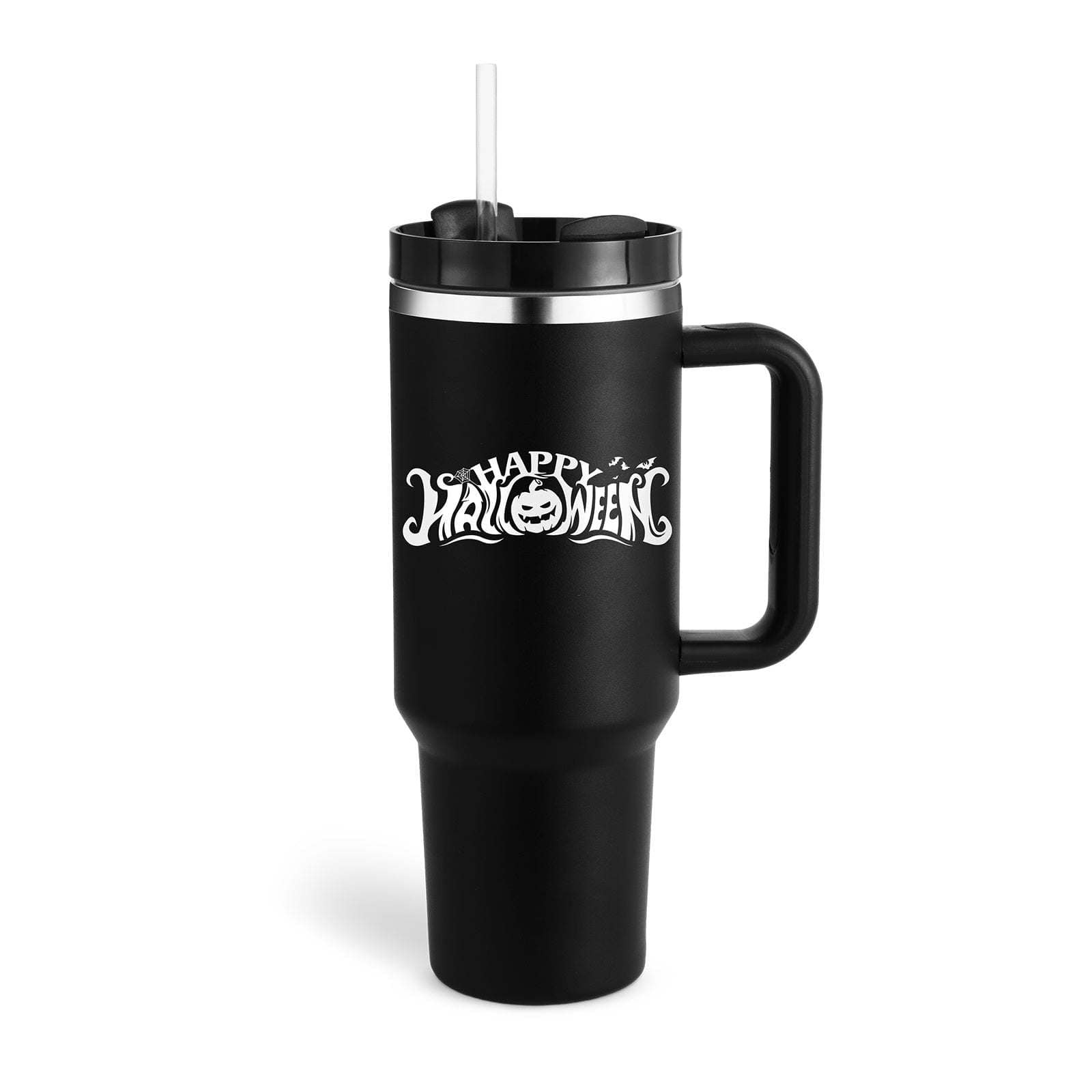 Black 40oz insulated stainless steel tumbler with handle and "Happy Halloween" design, spill-proof lid, and straw.