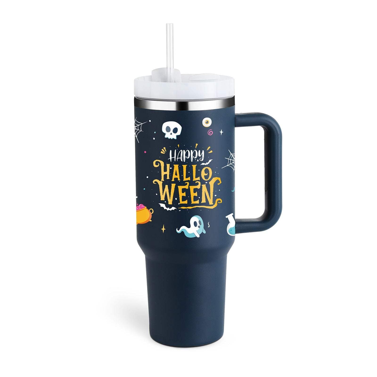 40oz insulated stainless steel tumbler with handle and straw featuring Halloween design, spill-proof lid, and vacuum insulation.