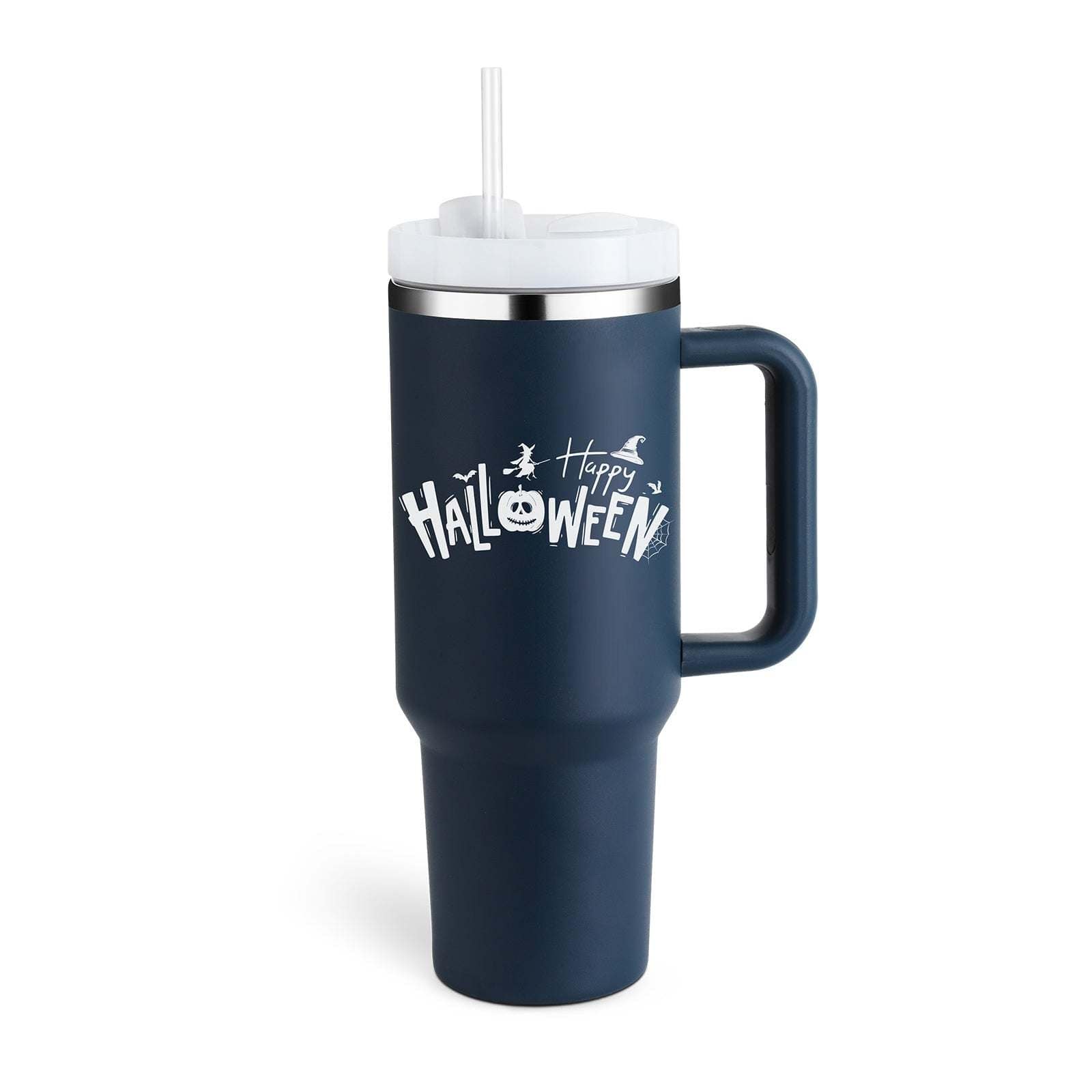 40oz insulated stainless steel tumbler with handle and straw, navy blue Halloween design, spill-proof vacuum coffee cup with lid for travel and office use