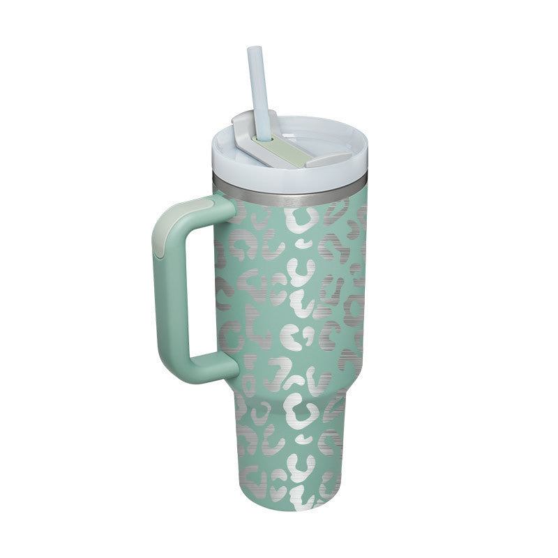 40oz insulated stainless steel tumbler with handle, spill-proof lid, straw, and green leopard print design