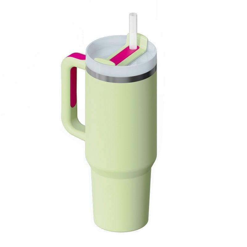40oz insulated stainless steel tumbler with handle, spill-proof lid, and straw in light green and pink accents