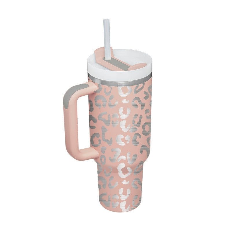 40oz insulated stainless steel tumbler with handle and leopard print design, spill-proof lid, and straw for hot and cold drinks.