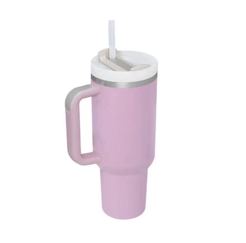 40oz insulated stainless steel tumbler with handle, spill-proof lid, and straw in pink color