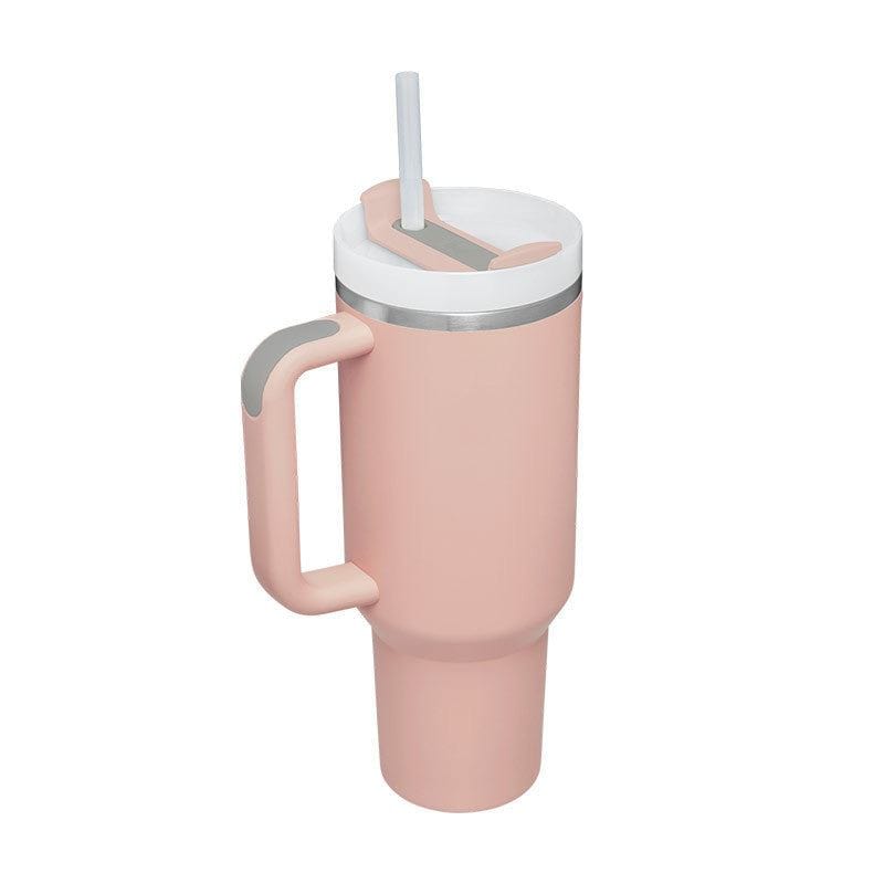 40oz insulated stainless steel tumbler with handle, spill-proof lid, and straw in pink color for hot and cold beverages.
