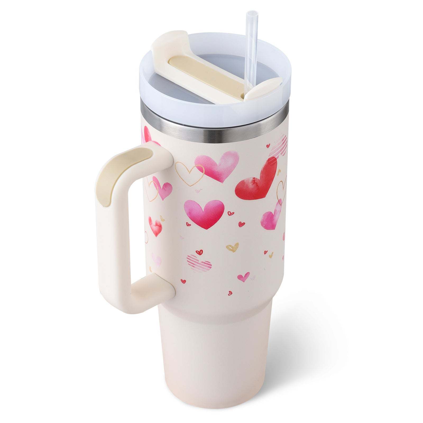 40oz insulated stainless steel tumbler with handle, spill-proof lid, straw, and heart design for Valentine’s Day gifts