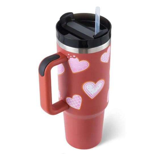 40oz insulated stainless steel tumbler with handle, heart pattern, spill-proof lid, and straw for travel and daily use